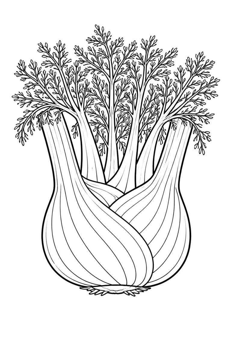 A detailed coloring page of fennel with intricate leaves and bulb, perfect for children to explore nature through art by adding vibrant colors.