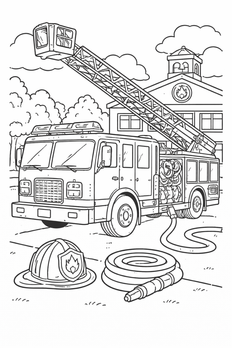 A detailed coloring page of a fire truck with an extended ladder, fire hose, and helmet in front of a fire station, perfect for kids.
