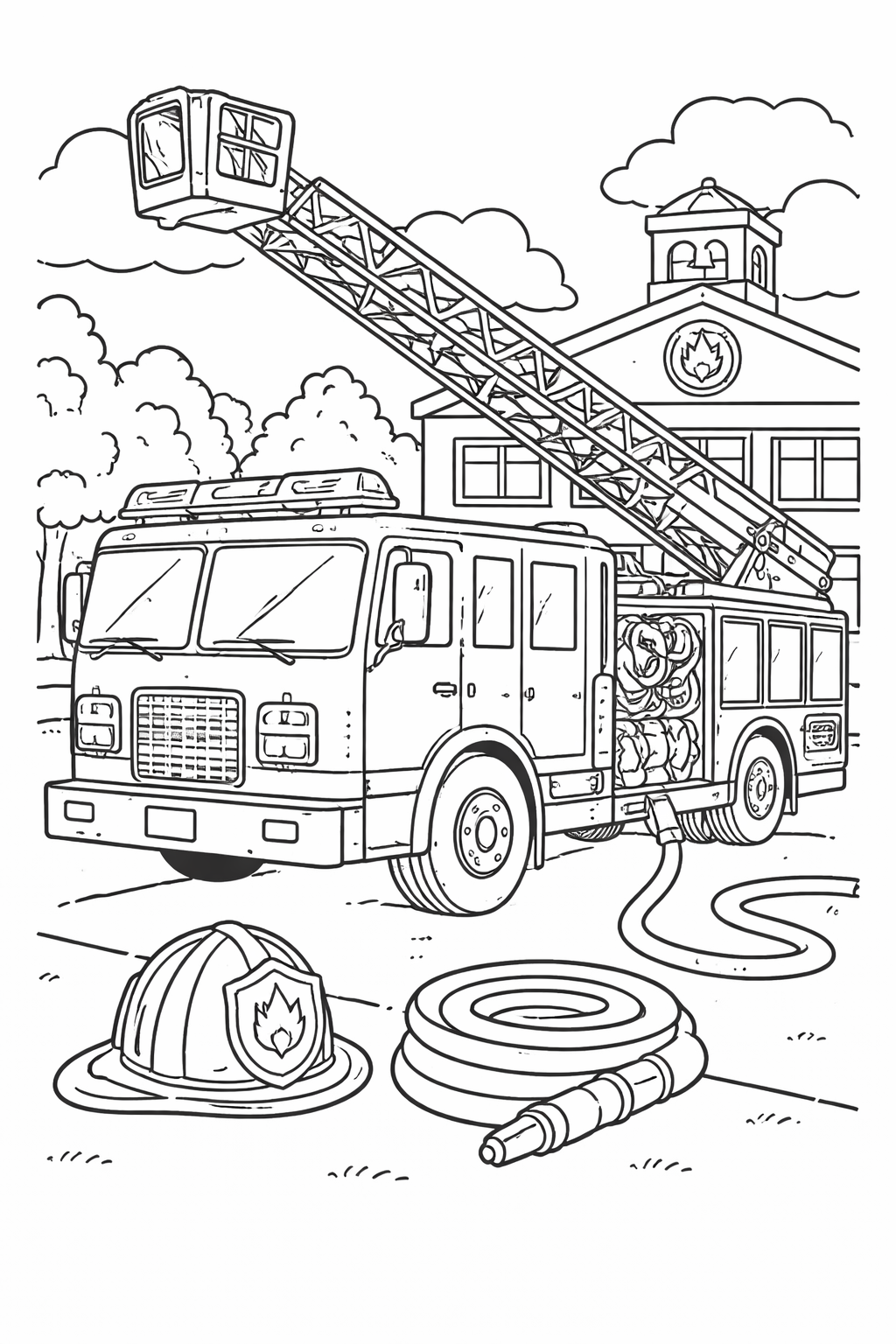 A detailed coloring page of a fire truck with an extended ladder, fire hose, and helmet in front of a fire station, perfect for kids.