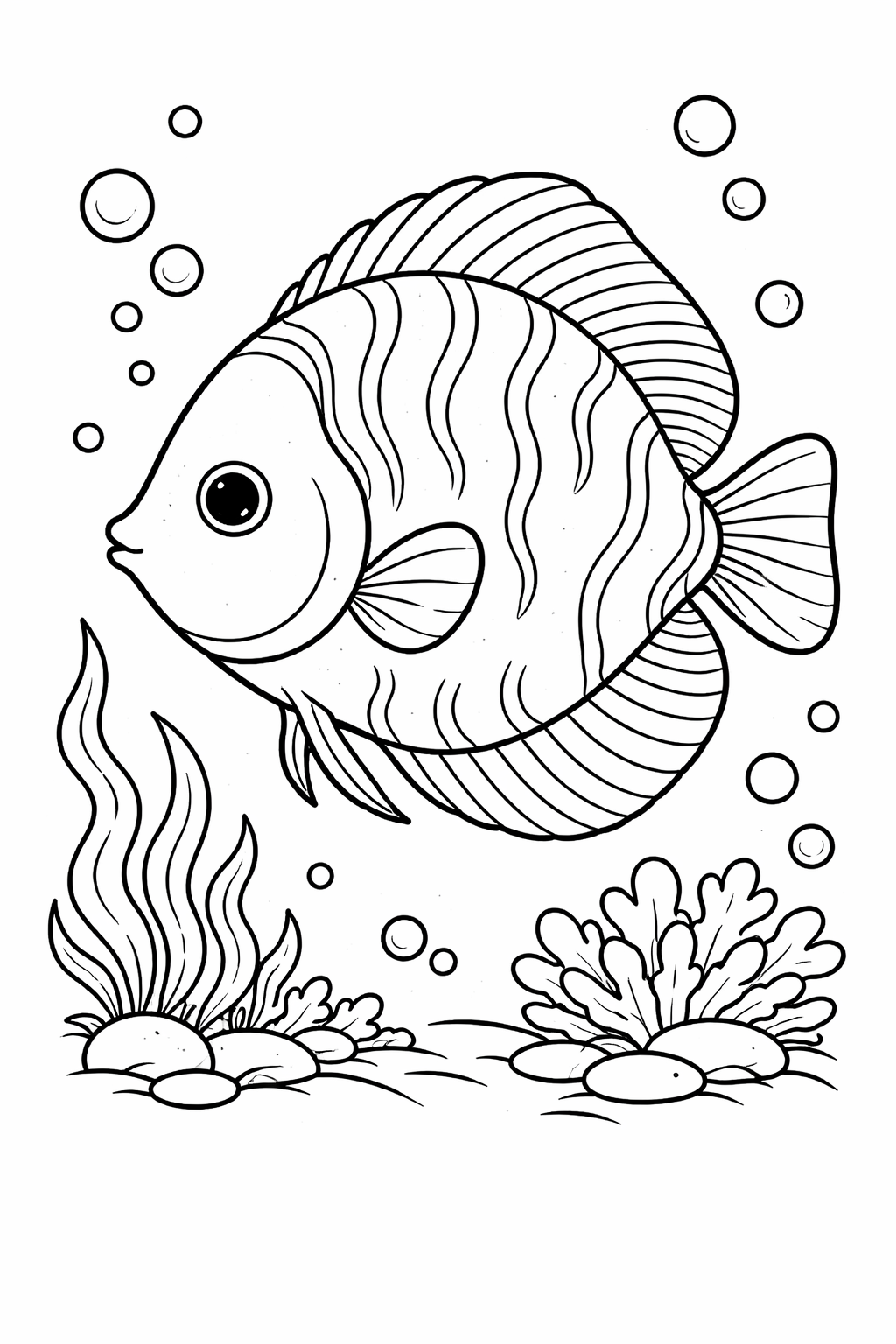 A fish coloring page displaying a charming fish among sea plants and bubbles, suitable for kids to color and enjoy.