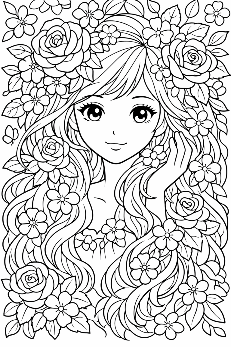 A detailed coloring page of a fairy with floral designs in her hair. The illustration includes large flowers, leaves, and a serene fairy face with long, flowing hair. Suitable for children interested in creative and intricate coloring activities.