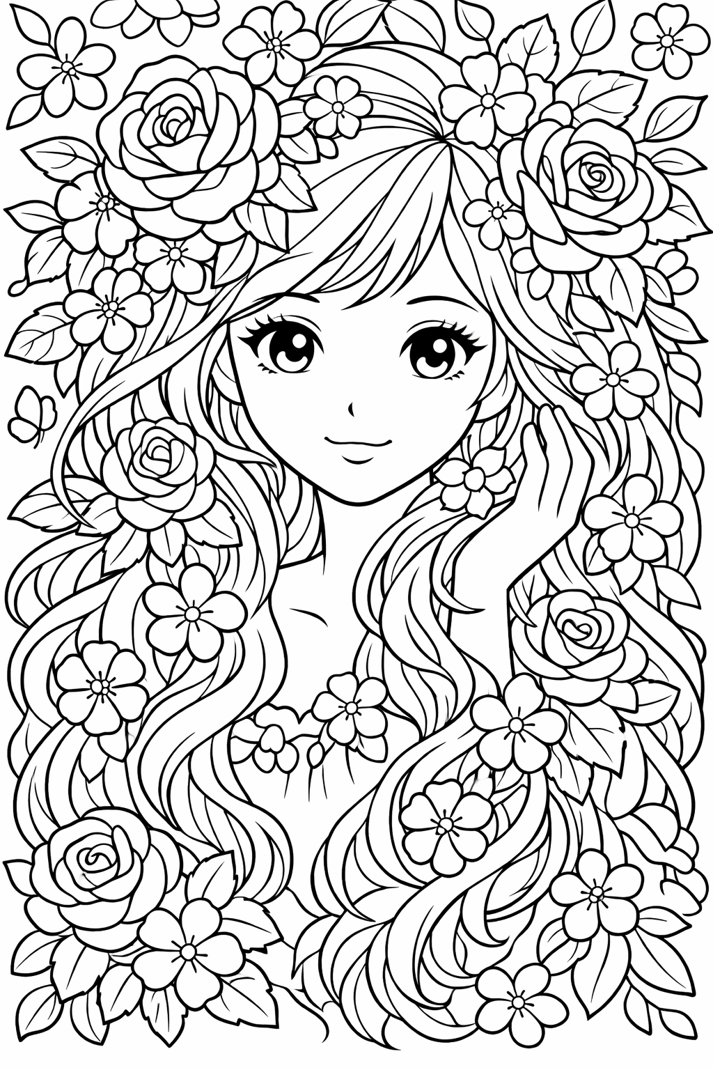 A detailed coloring page of a fairy with floral designs in her hair. The illustration includes large flowers, leaves, and a serene fairy face with long, flowing hair. Suitable for children interested in creative and intricate coloring activities.