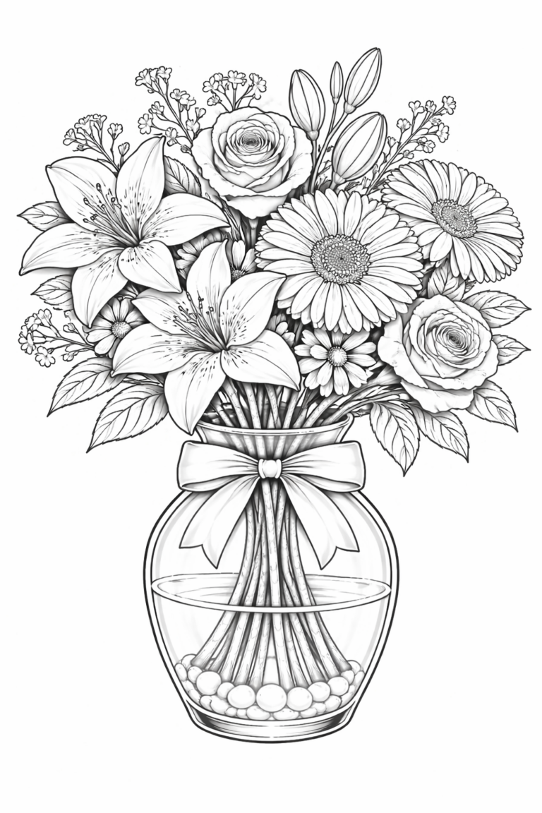 A detailed flower bouquet coloring page. It includes various flowers like lilies, roses, and daisies arranged in a decorative vase. Perfect for kids to color and explore different patterns and colors in a fun and creative way.