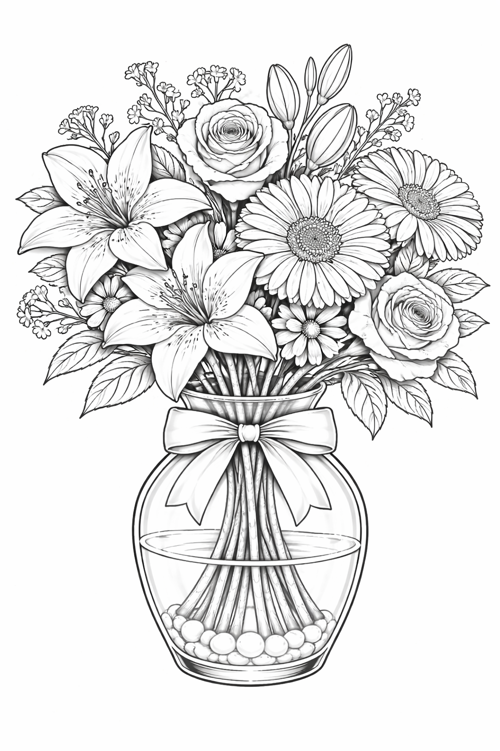 A detailed flower bouquet coloring page. It includes various flowers like lilies, roses, and daisies arranged in a decorative vase. Perfect for kids to color and explore different patterns and colors in a fun and creative way.