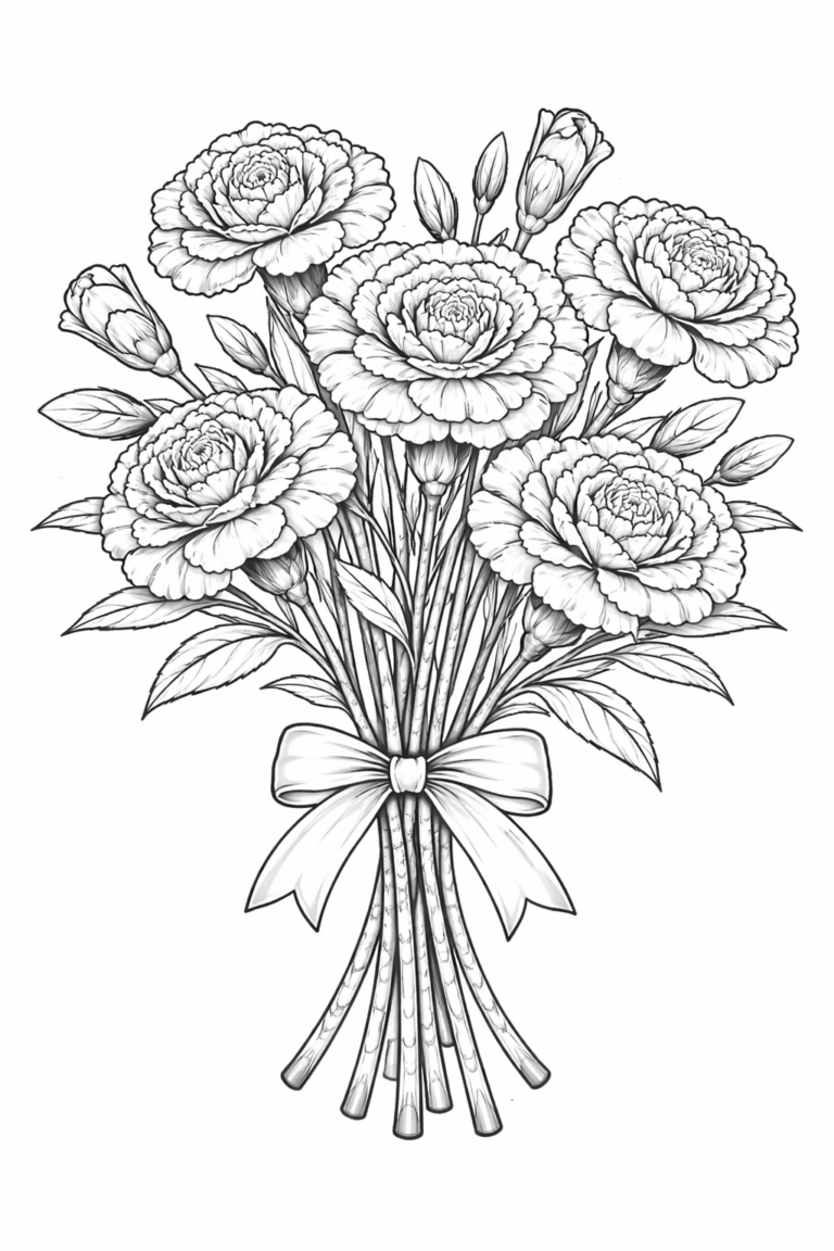 A detailed flower bouquet coloring page with blooming flowers and a ribbon. Kids can color each petal and leaf, making it a fun and creative activity. Perfect for art expression.