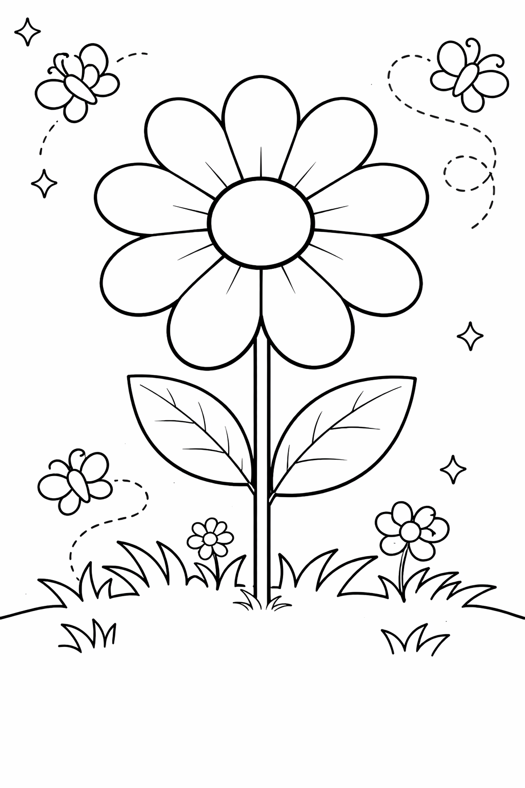 A coloring page displaying a large flower with two leaves, surrounded by butterflies and smaller flowers, set against a simple grassy background. Perfect for children to explore creativity with colors.
