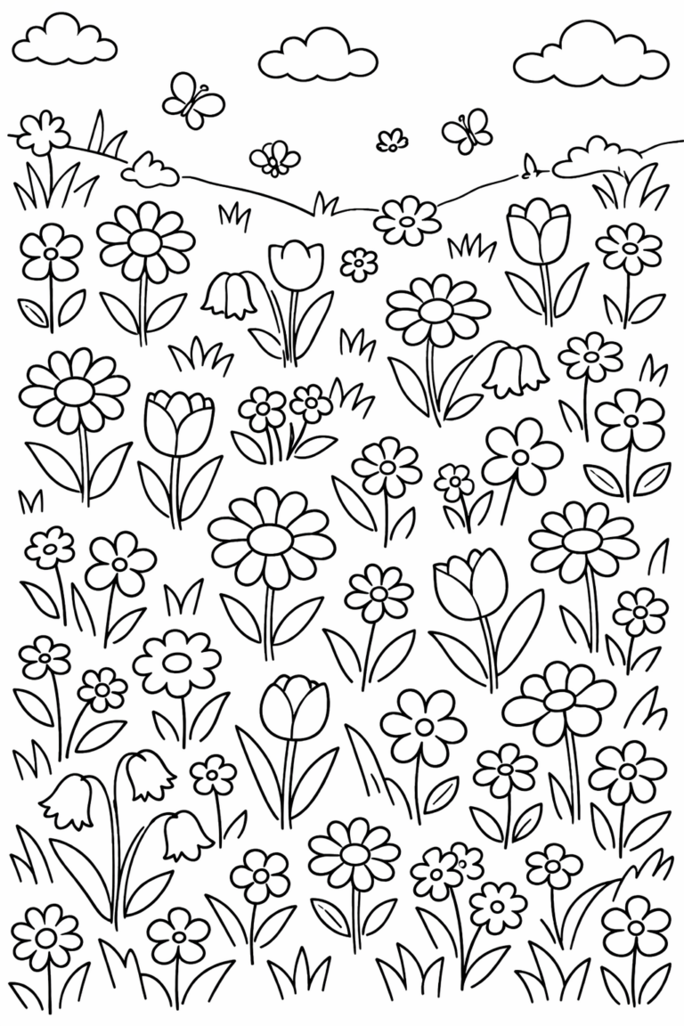 Children can color a delightful landscape filled with various flowers and butterflies. This coloring page encourages creativity with its detailed depiction of nature’s beauty. Perfect for young artists to explore different colors and patterns.