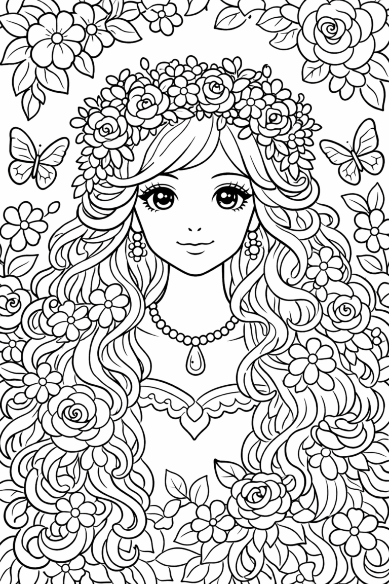 Coloring page of a fairy with flower-adorned hair, surrounded by blossoms and butterflies, inviting children to explore their creativity through this detailed fantasy artwork.