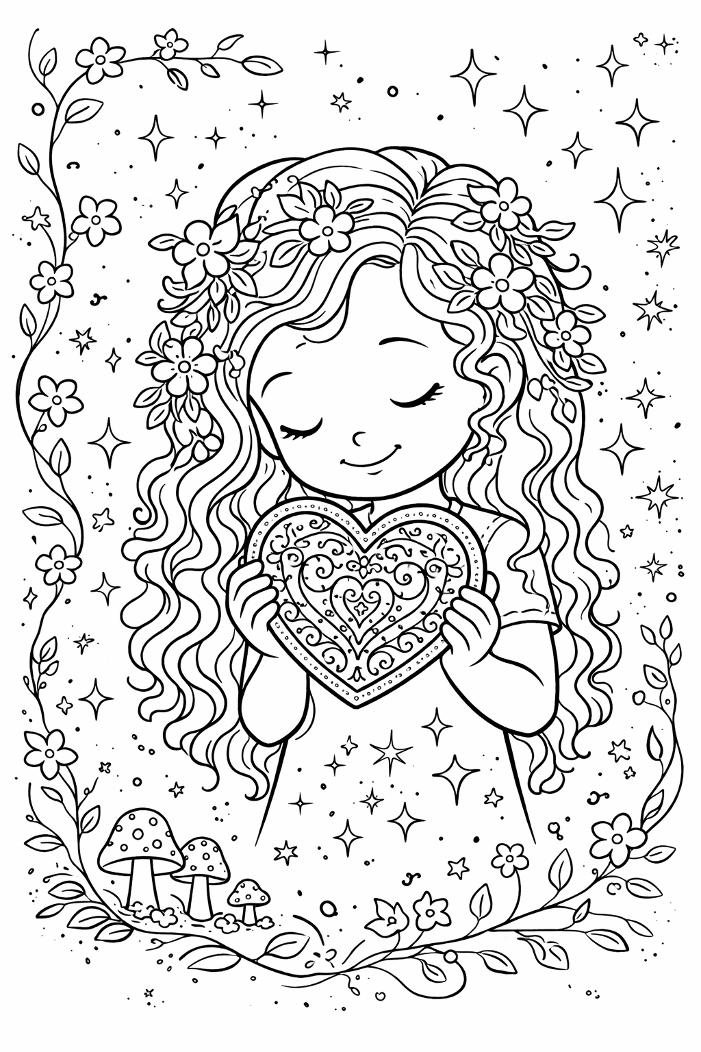 A beautiful coloring page of a girl with long hair decorated with flowers, holding a detailed heart. The scene is surrounded by stars and mushrooms, creating an enchanting atmosphere.