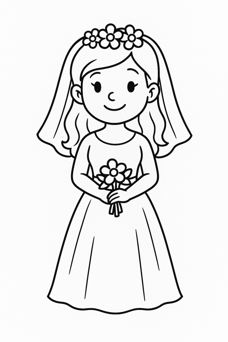 A coloring page of an adorable flower girl wearing a gown with a floral crown, holding a bouquet, designed for children's creative coloring fun.