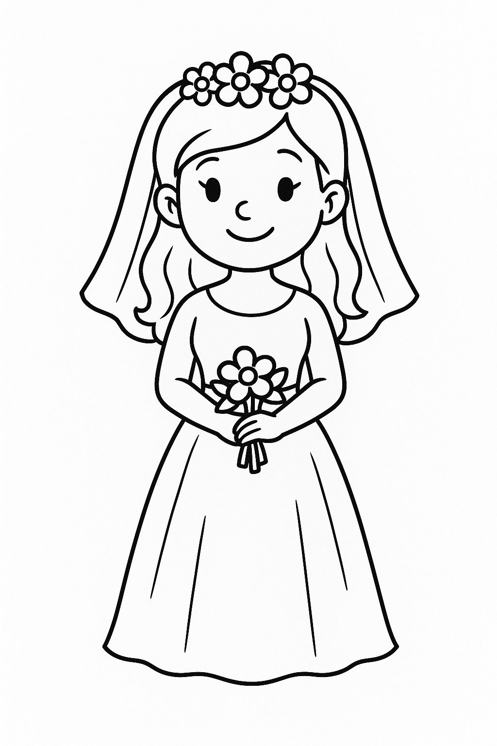 A coloring page of an adorable flower girl wearing a gown with a floral crown, holding a bouquet, designed for children's creative coloring fun.