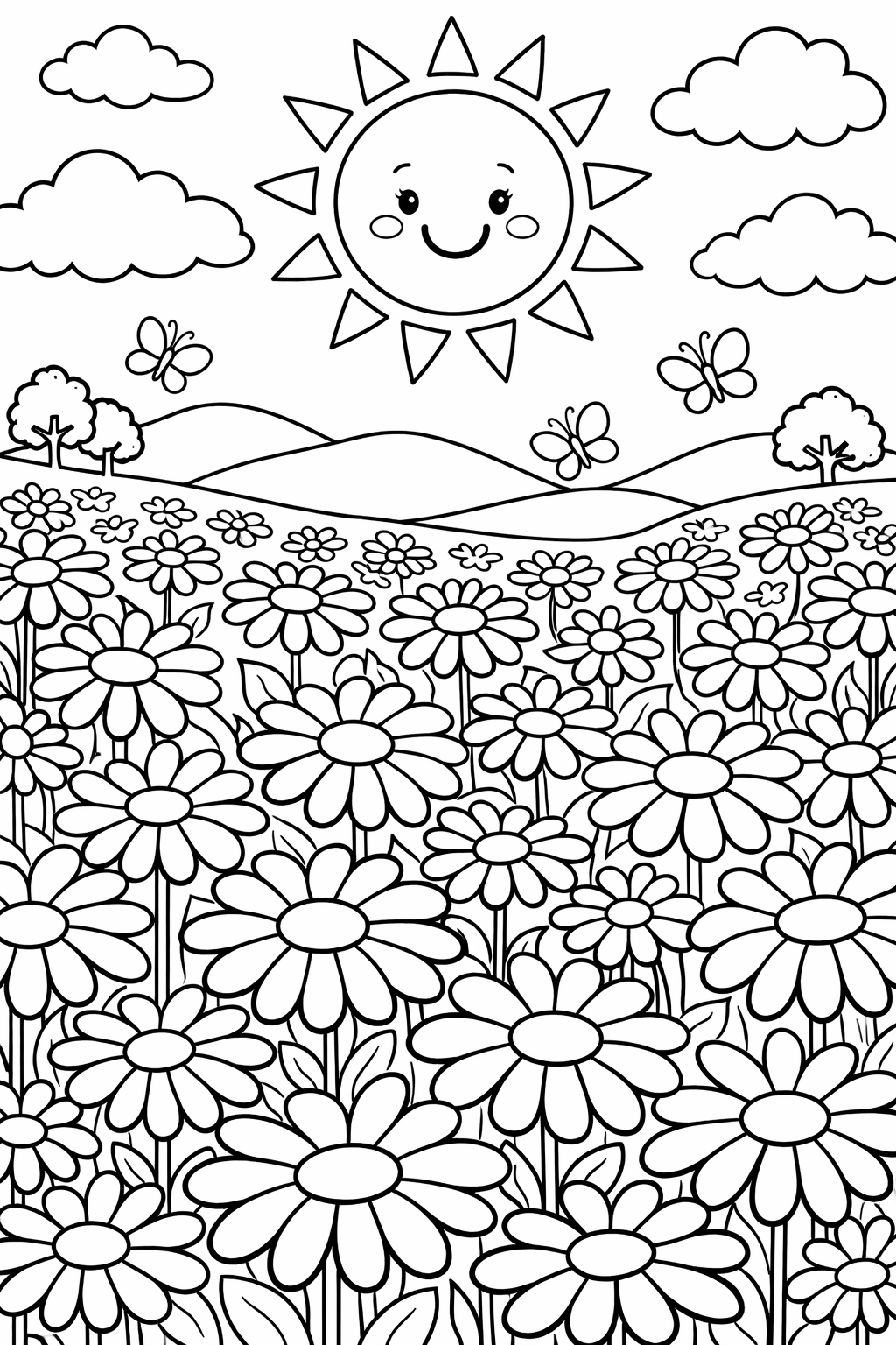 Coloring page of a flower meadow with a smiling sun, rolling hills, and butterflies fluttering above. Children can color vibrant flowers, the bright sun, and friendly butterflies.