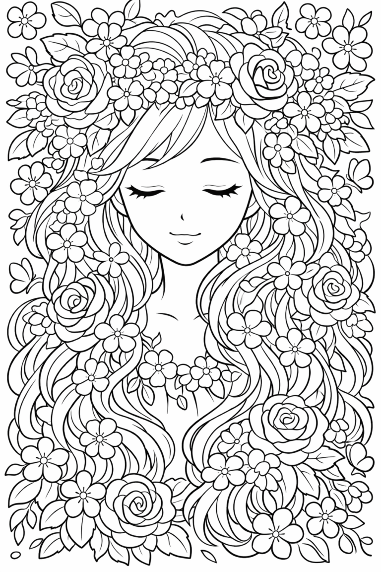 A beautiful coloring page featuring a princess with flowing hair adorned with detailed floral patterns, offering children a creative and detailed coloring challenge.