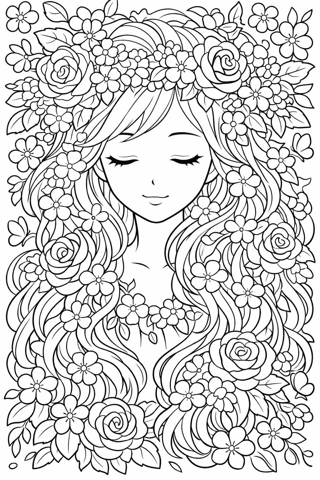 A beautiful coloring page featuring a princess with flowing hair adorned with detailed floral patterns, offering children a creative and detailed coloring challenge.