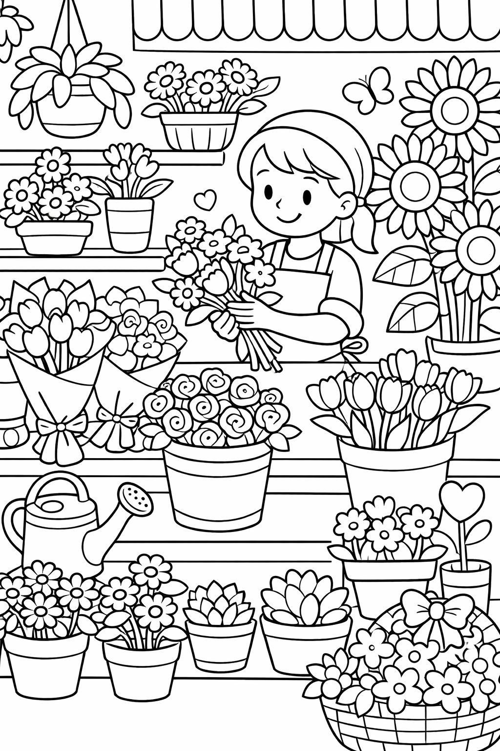 A cheerful flower shop with a character holding a bouquet of flowers, plenty of potted plants, flower baskets, and a watering can. Ideal for kids to color and learn about different flowers.