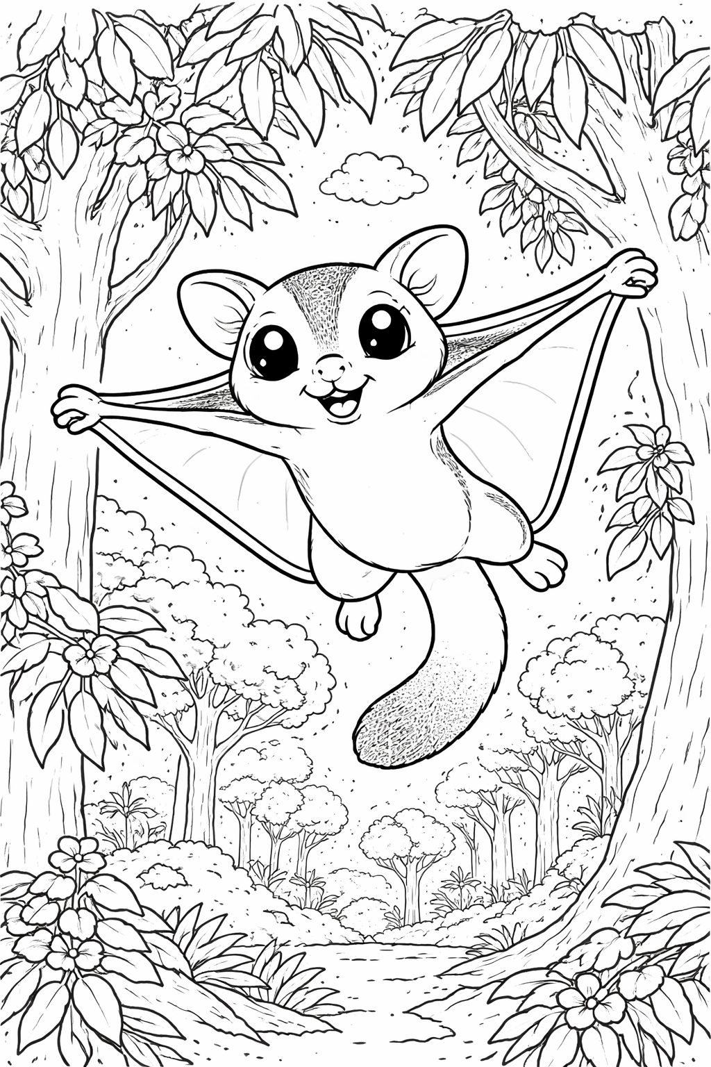 A delightful flying squirrel glides through a forest setting, surrounded by tall trees and lush foliage. This scene offers children a fun and educational coloring opportunity, showcasing the agility and beauty of this fascinating creature.