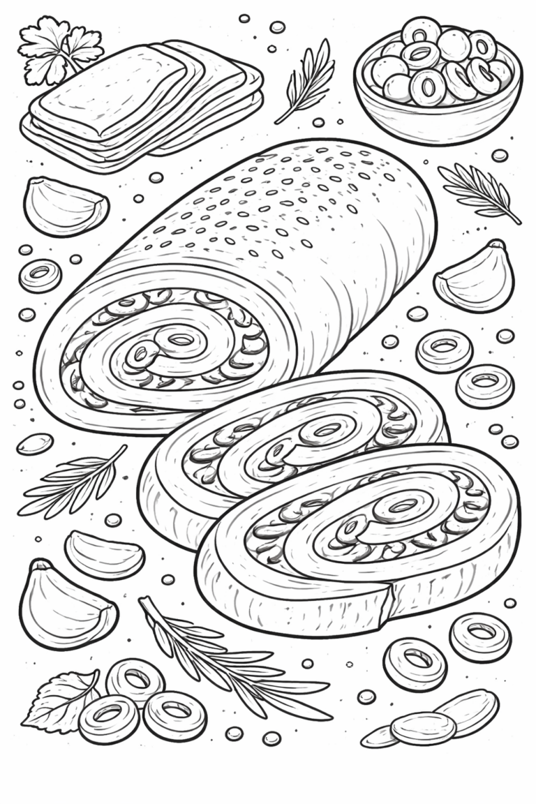 A children's coloring page with a detailed loaf of bread, slices of cheese, olives, and herbs, inviting young artists to explore food art. Designed to spark creativity through delightful food imagery.