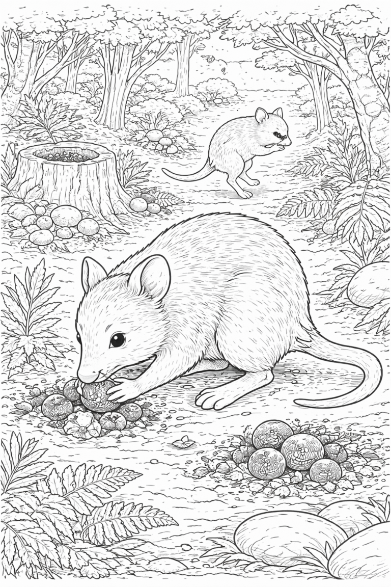 A detailed forest scene coloring page with mice among plants and mushrooms. Children can color the lush greenery, tree stumps, and adorable mice enjoying their natural habitat.