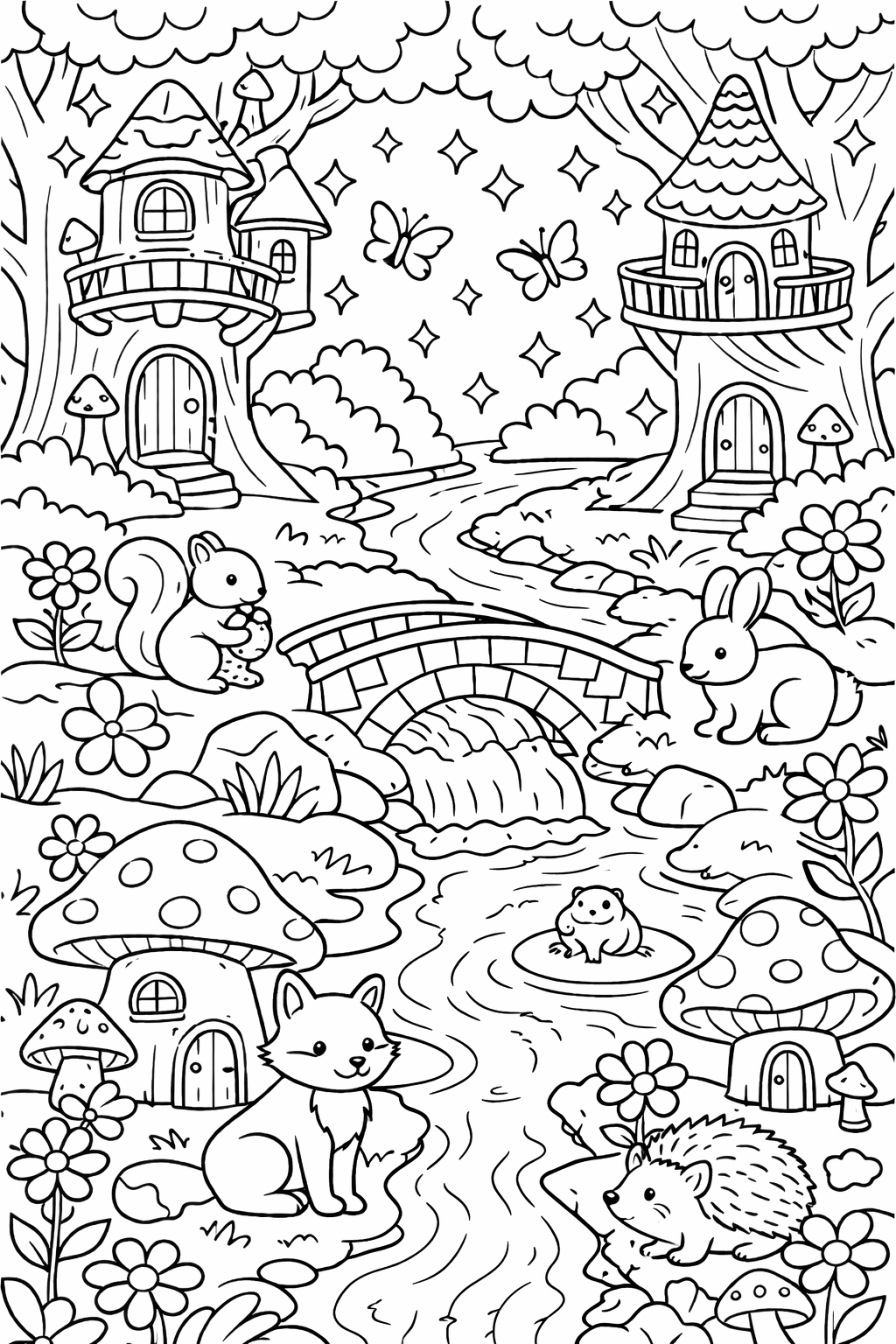 A captivating forest scene with animals such as a squirrel and rabbit. Features tree houses, a river with a bridge, butterflies, and flowers. Perfect for kids to color and enjoy.