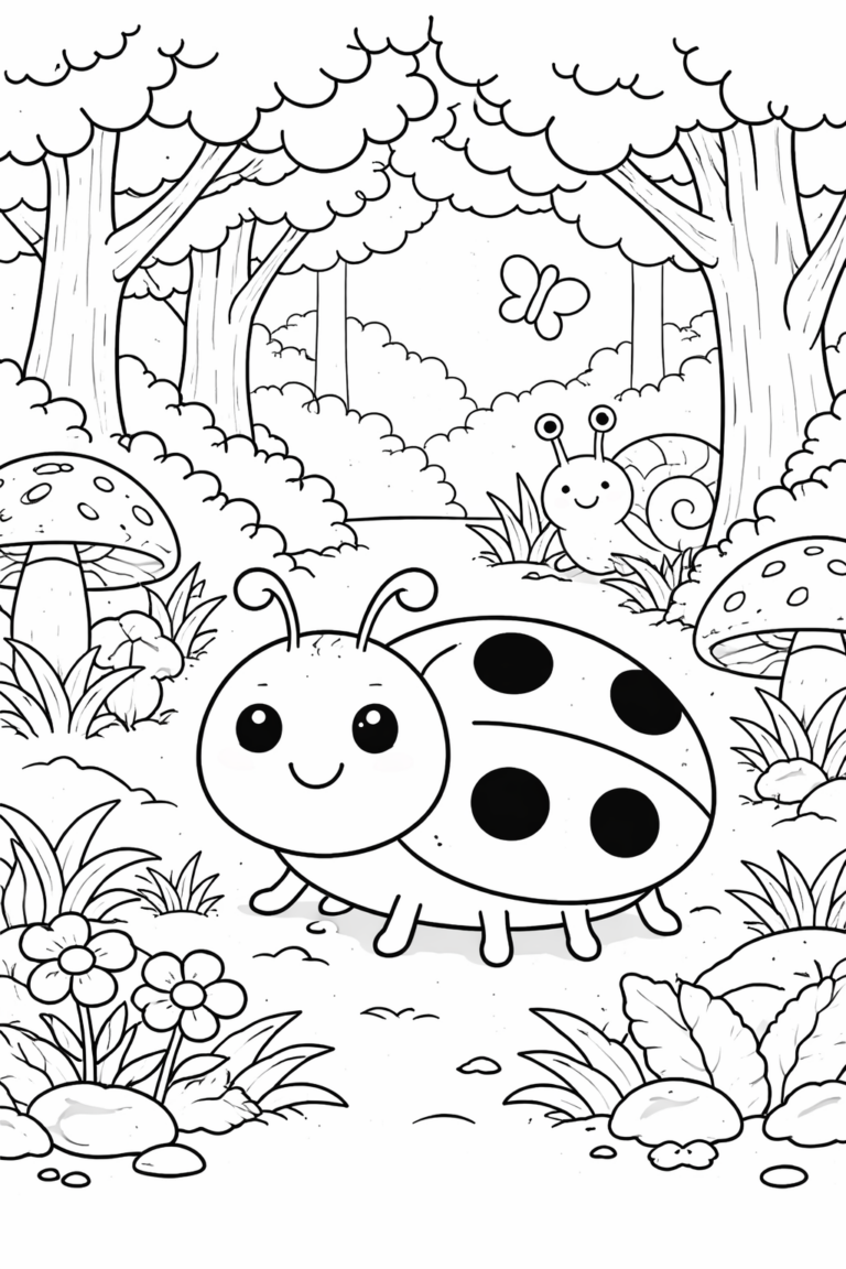Whimsical coloring page of lovable forest creatures. Features a smiling ladybug and snail set in a woodland scene with trees, mushrooms, and flowers. Perfect for kids who love animals and nature.