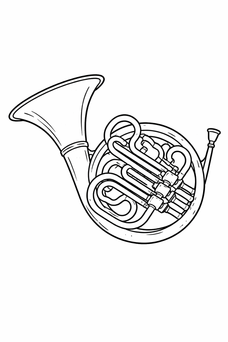 A detailed coloring page of a French horn, showing the curves and design of this classic musical instrument, ideal for young artists to explore and color.