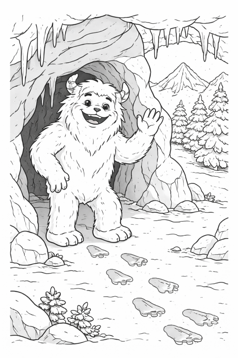 A friendly yeti standing at a snowy cave entrance, surrounded by snow-covered trees and distant mountains, offering a fun coloring activity for children.