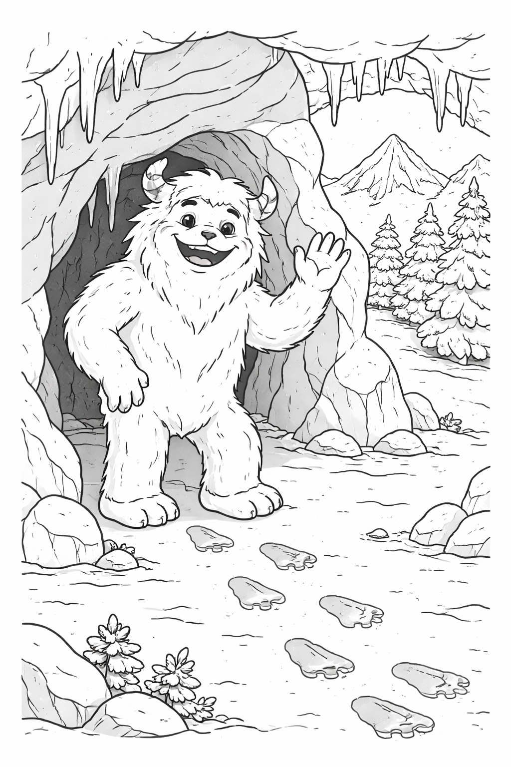A friendly yeti standing at a snowy cave entrance, surrounded by snow-covered trees and distant mountains, offering a fun coloring activity for children.
