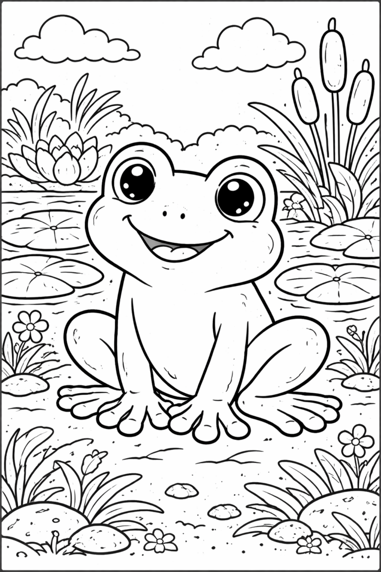 A cheerful frog seated by a pond surrounded by lily pads, blooming flowers, and cattails, inviting kids to color and unleash their creativity.