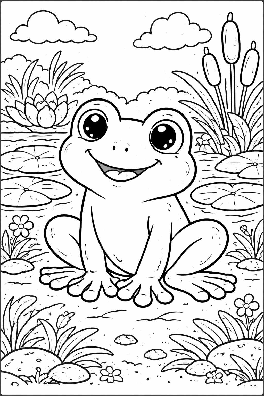 A cheerful frog seated by a pond surrounded by lily pads, blooming flowers, and cattails, inviting kids to color and unleash their creativity.