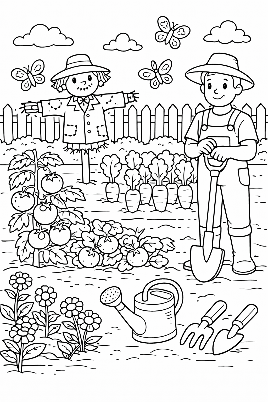 A coloring page depicting a gardener with shovel, scarecrow, plants, and butterflies in a vibrant vegetable garden setting.