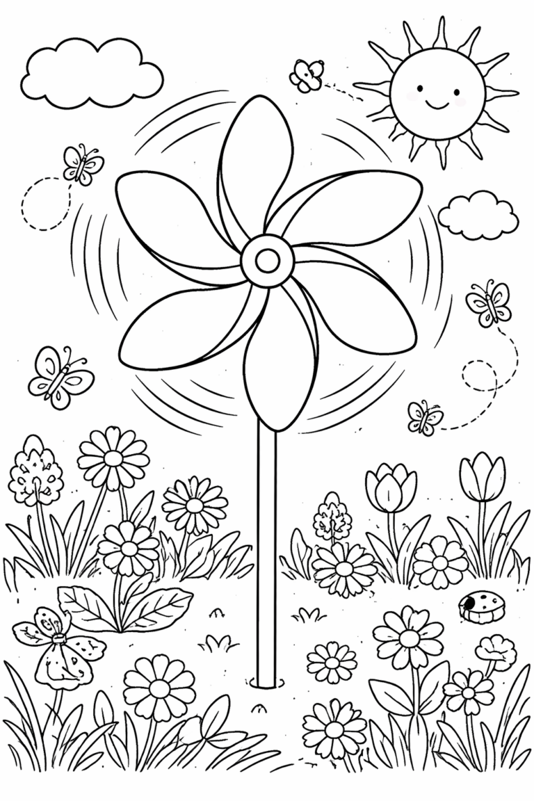 A delightful garden scene featuring a large pinwheel amidst various flowers, butterflies, and a smiling sun. Perfect for children's coloring activities.