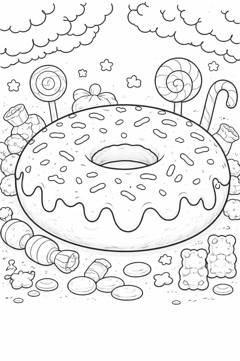 A coloring page displaying a giant donut surrounded by candies, lollipops, gummy bears, and candy canes under fluffy clouds. The scene invites children to unleash their creativity with colors.