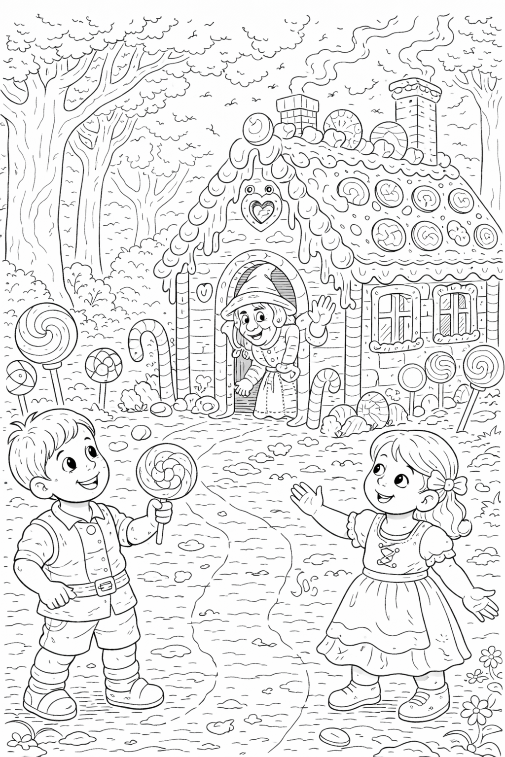 A whimsical gingerbread house with candy decorations, surrounded by trees. Two children are joyfully observing the candy house, with lollipops and candy canes on the path.