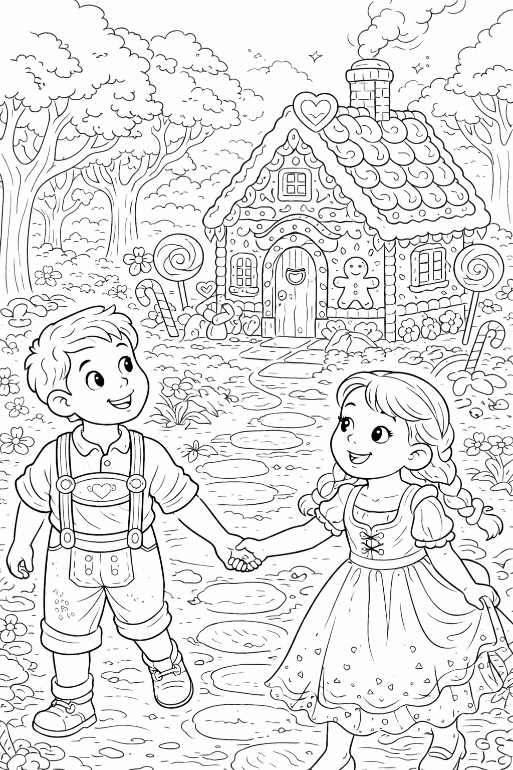 Coloring page showing a gingerbread house surrounded by candy in a magical forest, with two joyful children holding hands and smiling.
