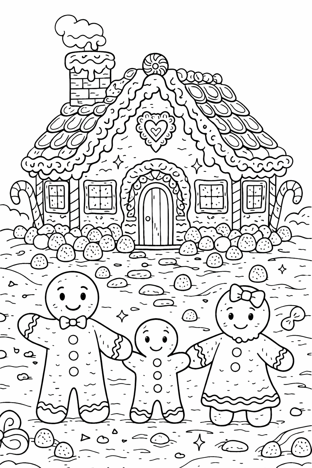 Gingerbread house adorned with candies, alongside a gingerbread family ready to be colored by children. Enhance holiday cheer as they bring this delightful scene to life using vibrant colors and creativity.