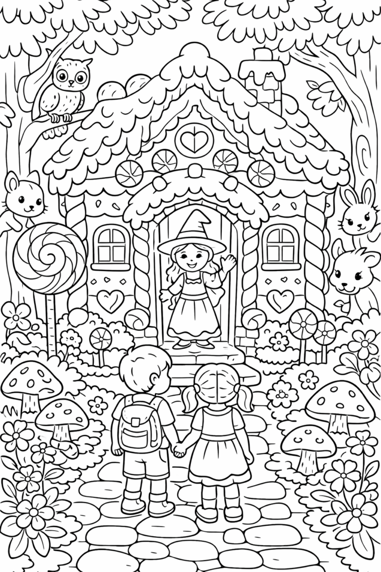 Coloring page showing a gingerbread house with a witch, children, and woodland animals in a magical forest setting. Candy decorations and trees surround the scene.