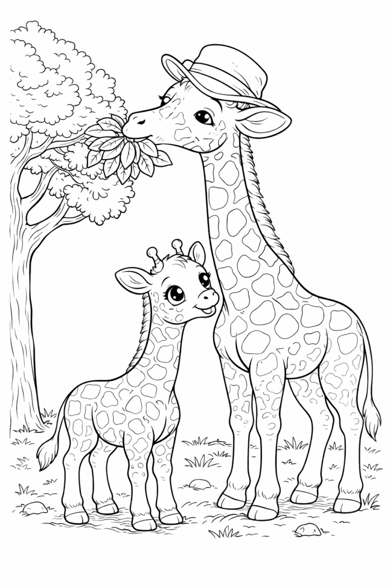 A captivating coloring page with two charming giraffes, where one is wearing a hat, providing children a joyful chance to explore colors with these delightful animals.
