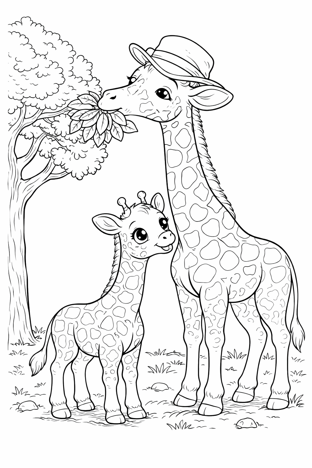 A captivating coloring page with two charming giraffes, where one is wearing a hat, providing children a joyful chance to explore colors with these delightful animals.