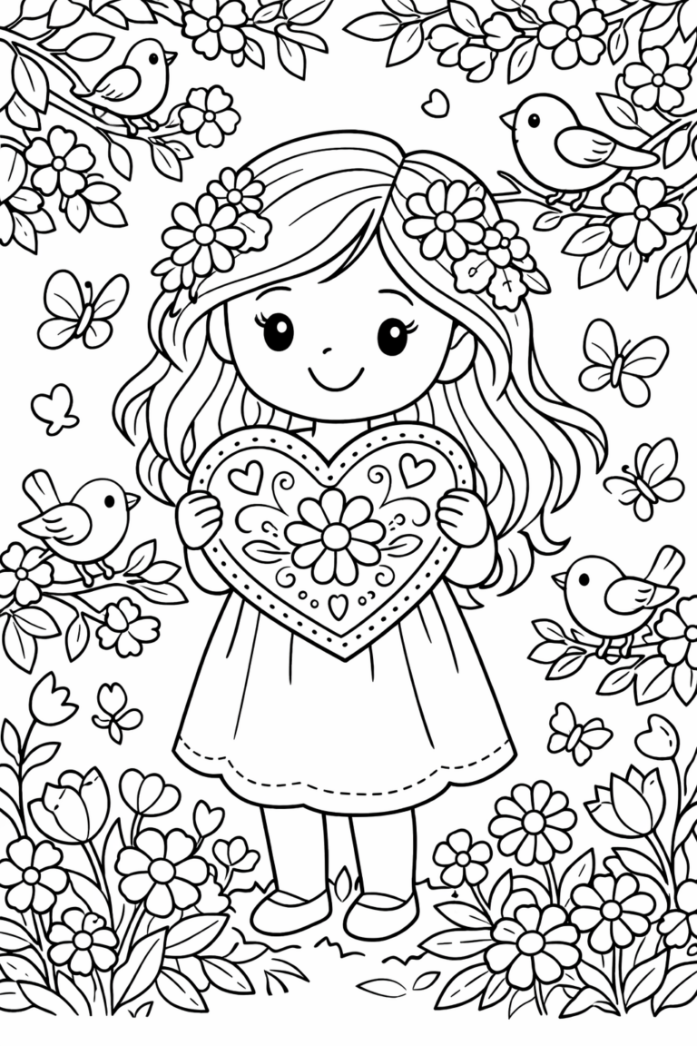 Coloring page of a young girl holding a decorated heart surrounded by flowers, birds, and butterflies. Children can add vibrant colors to the scene, highlighting the heart and nature elements.