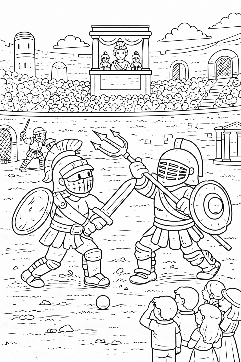 Action-packed scene of a gladiator battle with warriors in armor, an ancient arena, and a cheering crowd. Children can color the vibrant scene portraying Roman architecture and excited spectators.