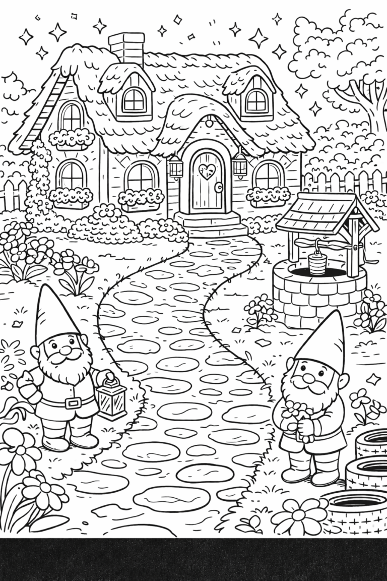 A charming garden scene with two gnomes in front of a cozy cottage. The garden is full of flowers, a stone path, and a well, creating a magical and enchanting atmosphere.