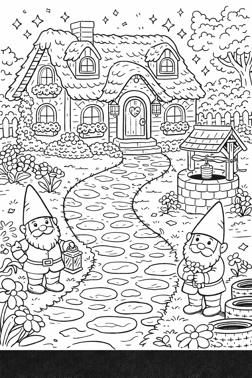 A charming garden scene with two gnomes in front of a cozy cottage. The garden is full of flowers, a stone path, and a well, creating a magical and enchanting atmosphere.