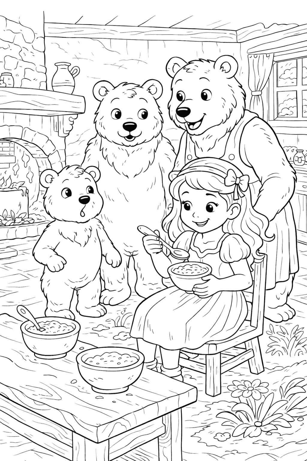 This children's coloring page features Goldilocks sitting at a table inside the bears' cottage, enjoying porridge as the three bears watch. The scene captures a classic fairy tale moment, encouraging creativity.