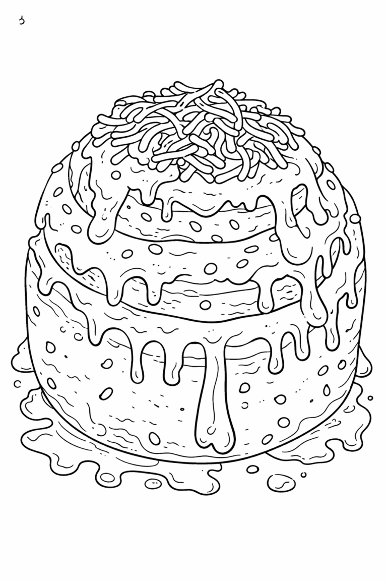 A coloring page of a gooey cake with icing and sprinkles. Kids can color the cake layers, icing drips, and decorative sprinkles, making it a fun artistic activity.
