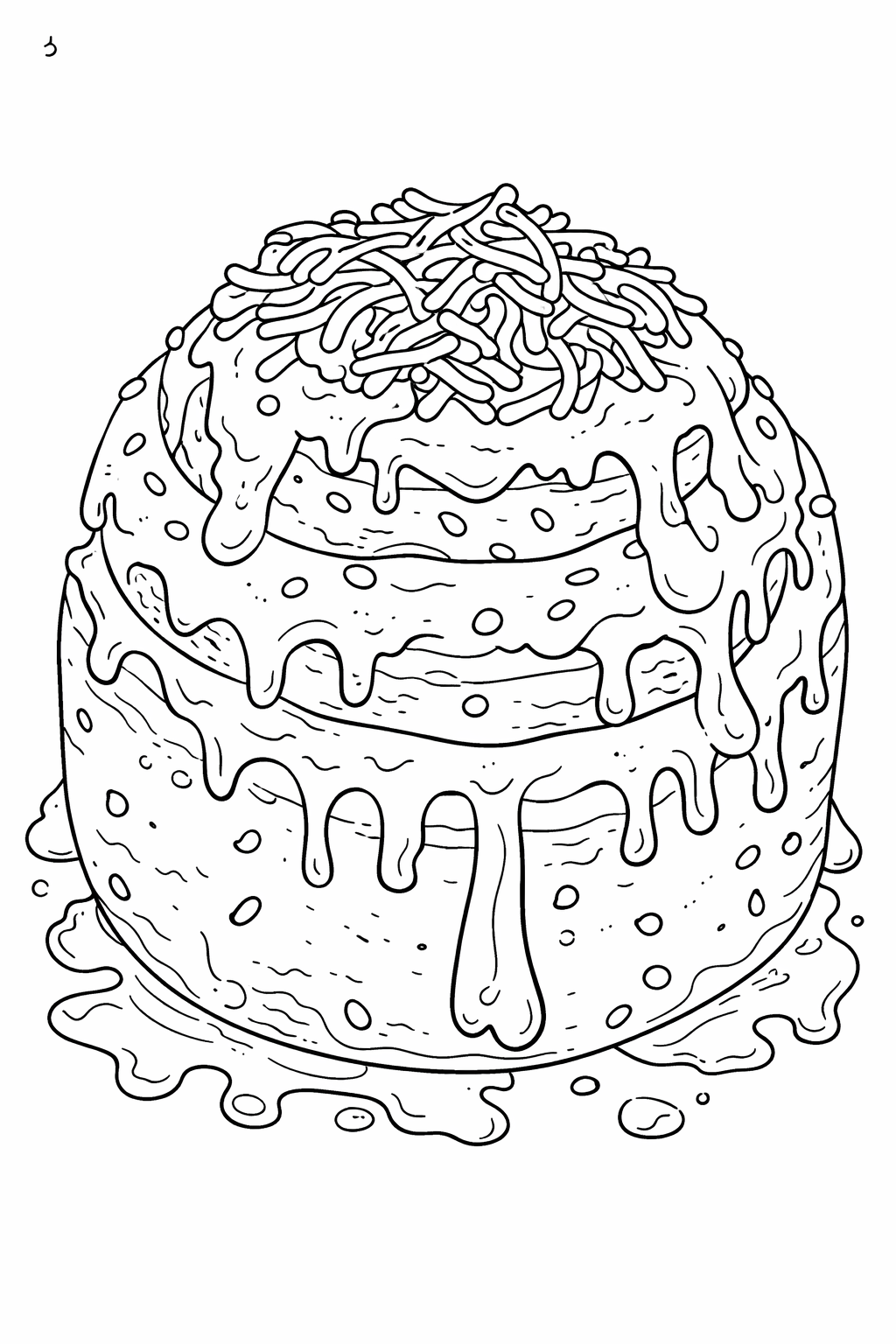 A coloring page of a gooey cake with icing and sprinkles. Kids can color the cake layers, icing drips, and decorative sprinkles, making it a fun artistic activity.