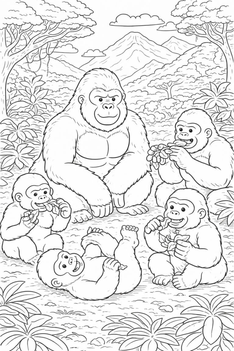 A detailed coloring page showing a family of gorillas in a jungle setting. The scene includes an adult gorilla and four young gorillas, with lush plants and mountains in the background.