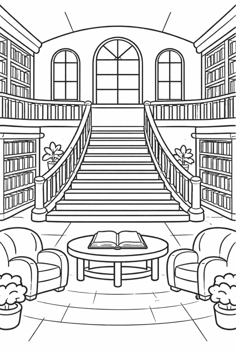 A detailed coloring page for kids featuring a grand library scene with tall bookshelves, a large staircase, comfortable chairs, and an open book on a central table. Perfect for young artists to explore and color their imagination.