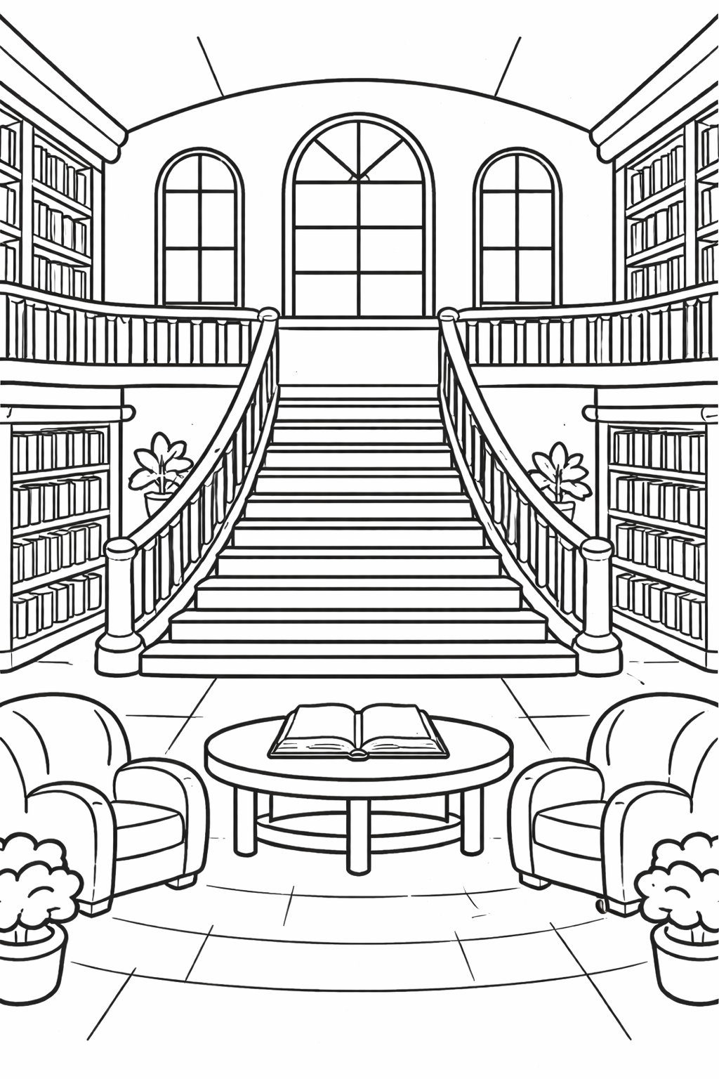 A detailed coloring page for kids featuring a grand library scene with tall bookshelves, a large staircase, comfortable chairs, and an open book on a central table. Perfect for young artists to explore and color their imagination.