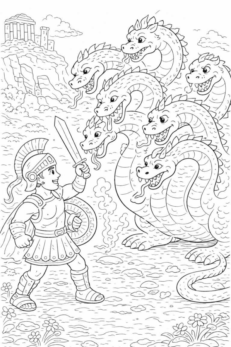 A Greek hero faces a multi-headed mythical Hydra with a sword and shield, set against a backdrop of a temple on a hill. Children will color this adventurous scene.