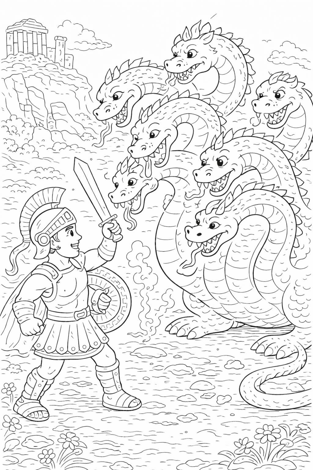A Greek hero faces a multi-headed mythical Hydra with a sword and shield, set against a backdrop of a temple on a hill. Children will color this adventurous scene.